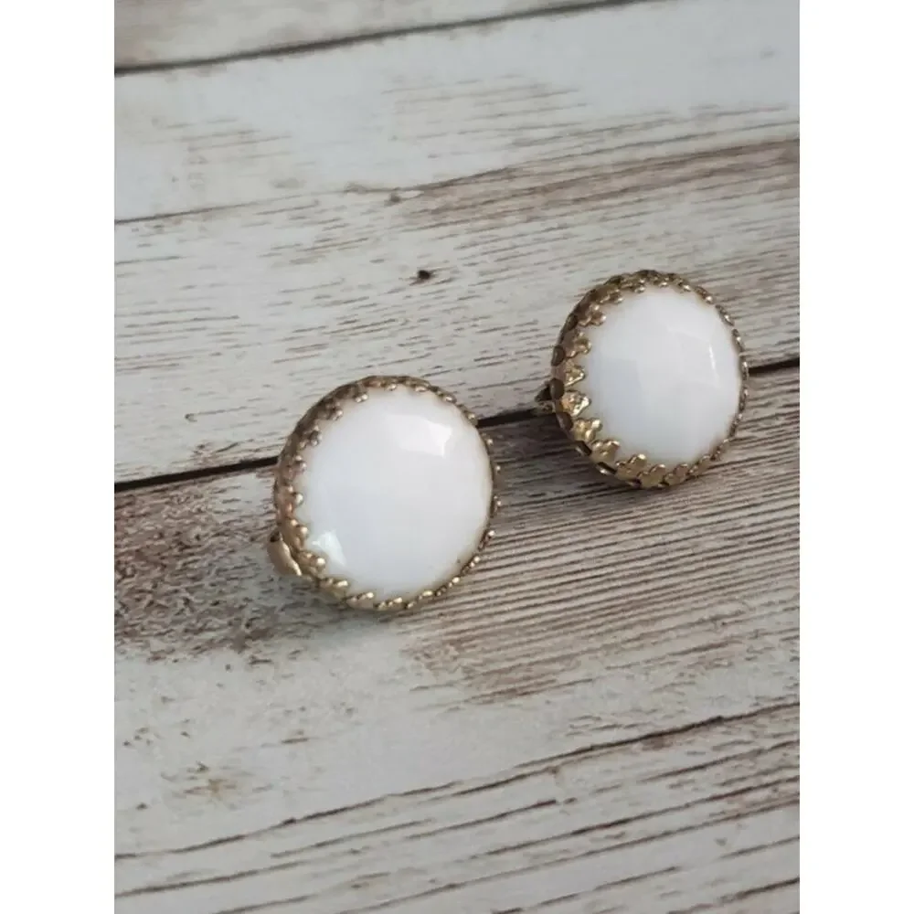 Vintage Clip On Earrings - White & Gold Tone Circle Just Over 5/8